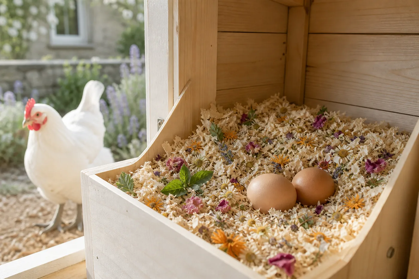 Botanical herbs sprinkled in a clean chicken nesting box.