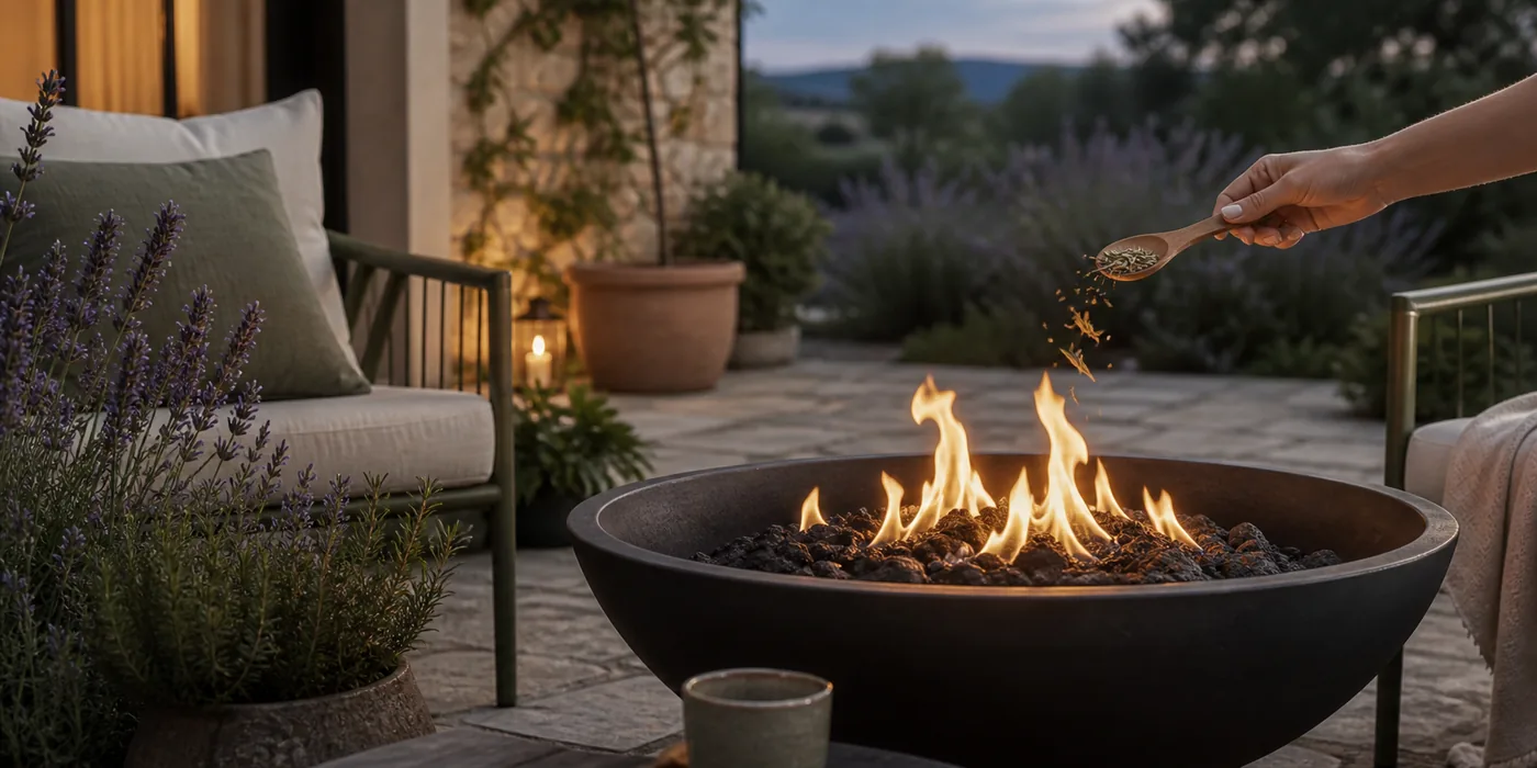 Outdoor fire pit with a spoon adding coarse botanical shreds.