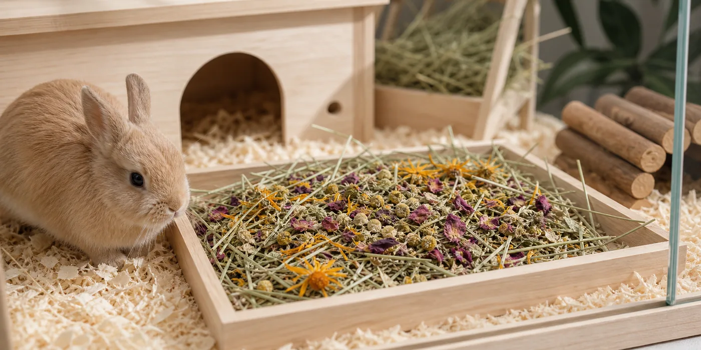 Small pet forage tray with timothy hay and flowers.