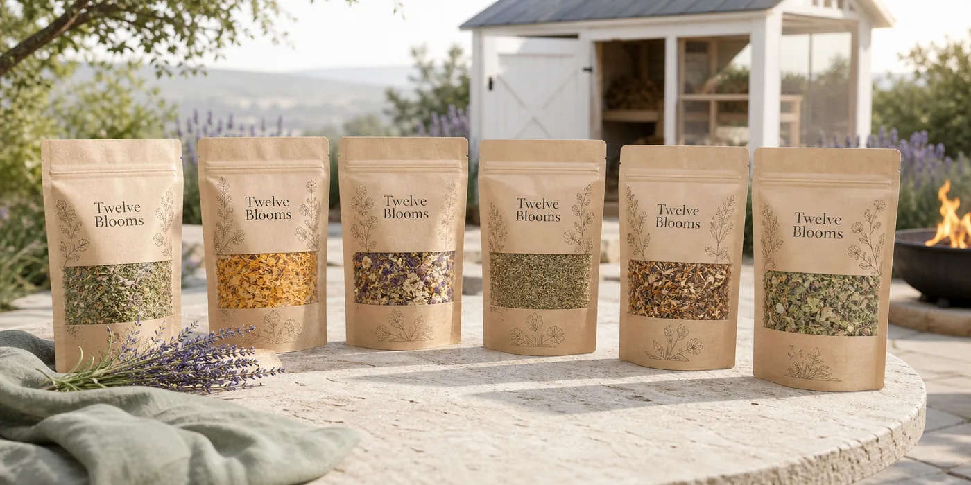 Six Twelve Blooms botanical blend pouches arranged on a patio table.