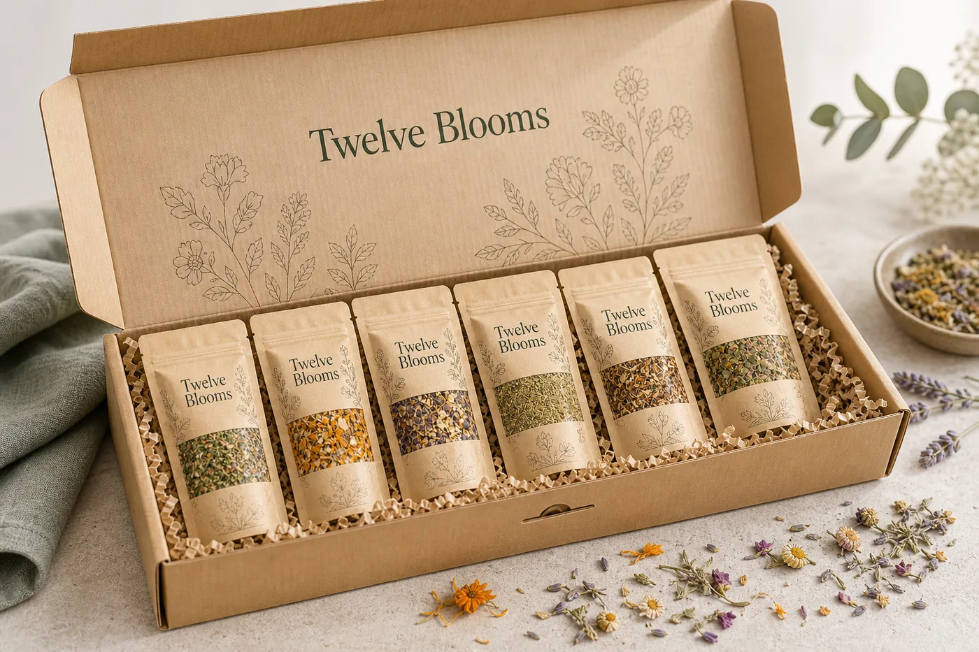 Open Twelve Blooms gift box with six botanical blend pouches.